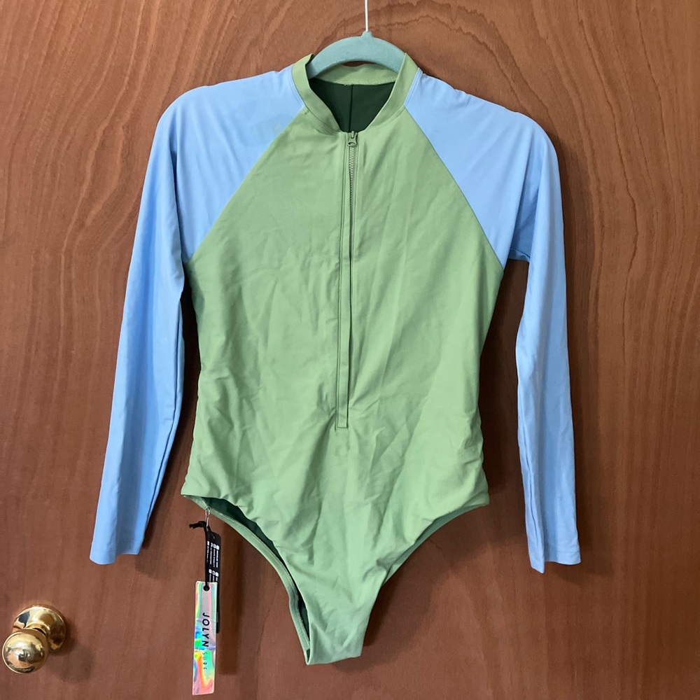 Jolyn “Paloma” Green and Blue One Piece 3/4 Zip Surfing Suit UPF 50+